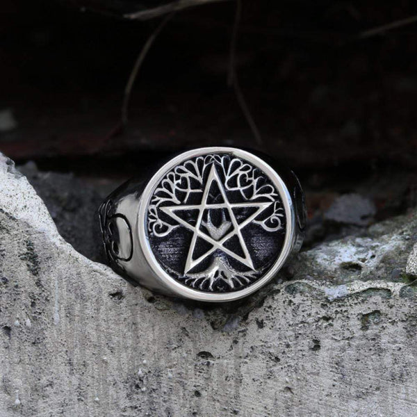 Pentagramm-Baum des Lebens-Edelstahl-Wikinger-Ring