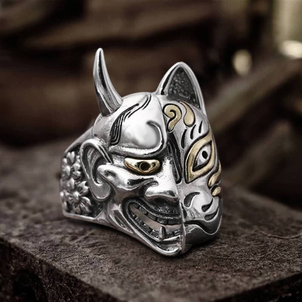 Bague en argent sterling avec masque Hannya japonais