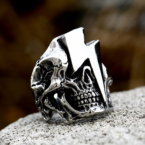 Bague Biker en Acier Inoxydable Lightning Skull