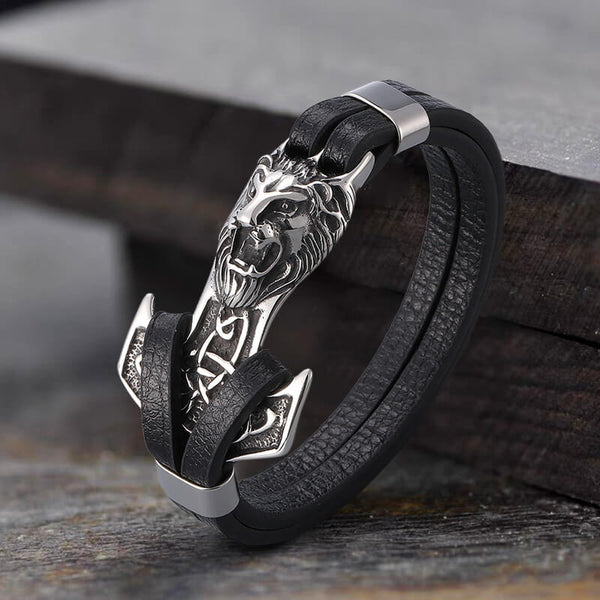 Bracelet en cuir d'acier inoxydable d'ancre de tête de lion