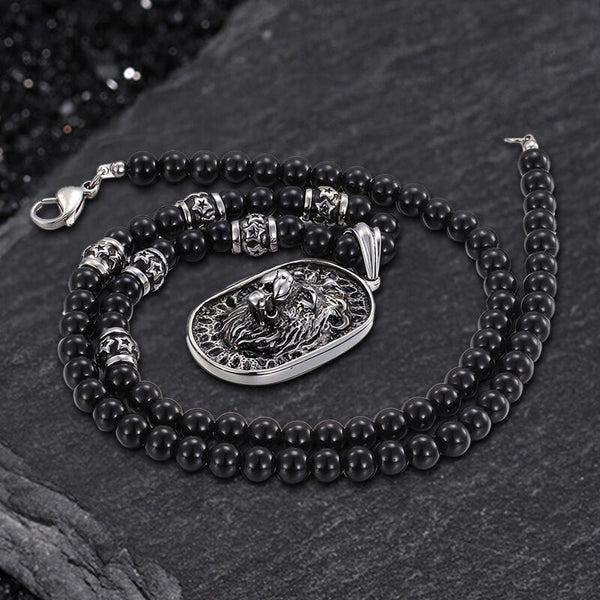 Lion Head Black Beads Chain Stainless Steel Necklace