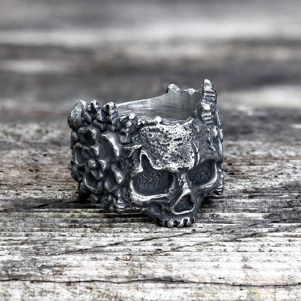 Mexican Flower Stainless Steel Sugar Skull Ring