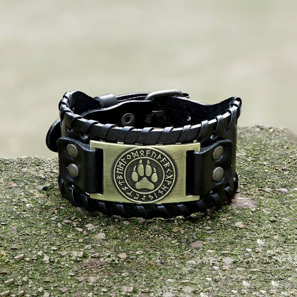 Nordisches Wolfspfoten-Runen-Leder-Wikinger-Armband