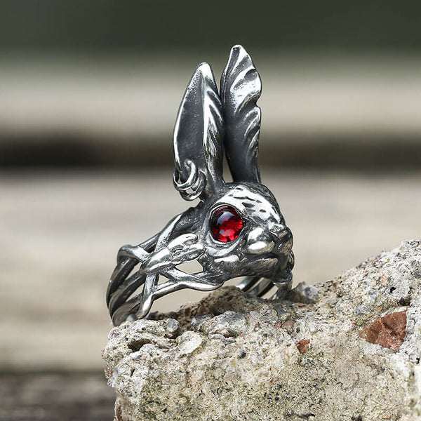 Bague Animal Lapin Yeux Rouges Acier Inoxydable