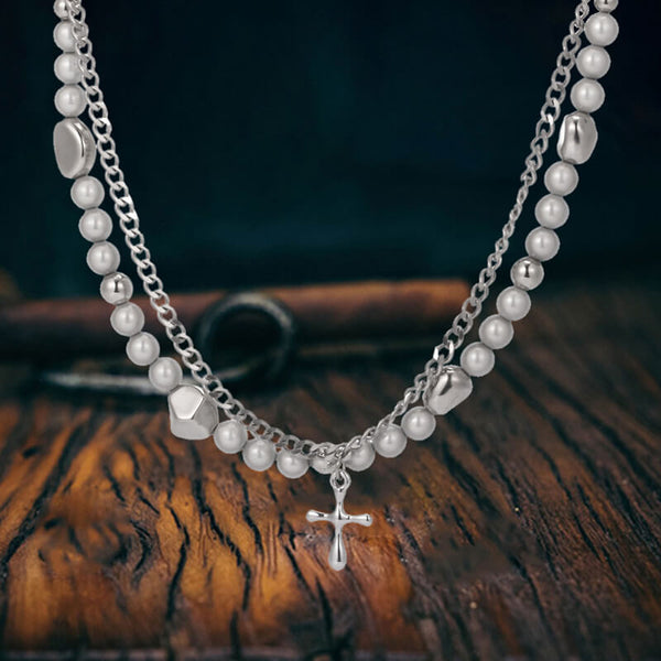 Simple Pearl Cross Stainless Steel Double Layer Necklace