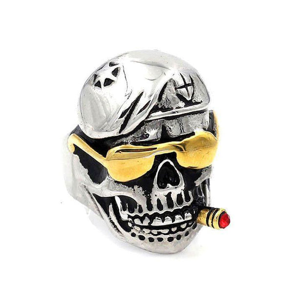 Skull Ring With Gold IP Sunglasses & Cigar