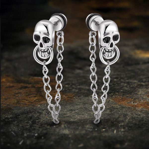 Skull With Chain Stainless Steel Punk Earrings