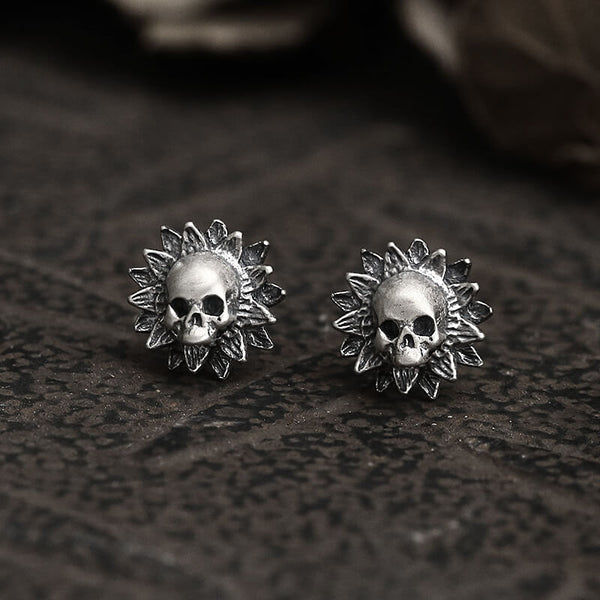Sunflower Skull Sterling Silver Stud Earrings