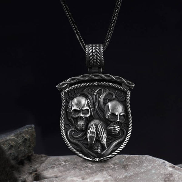 Three Senses Shield Pure Tin Skull Necklace