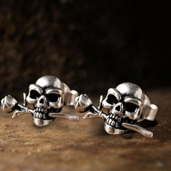 True Love Rose Skull Sterling Silver Earrings