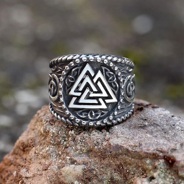Wikinger-Ring aus Edelstahl mit Valknut-Symbol und keltischem Knoten