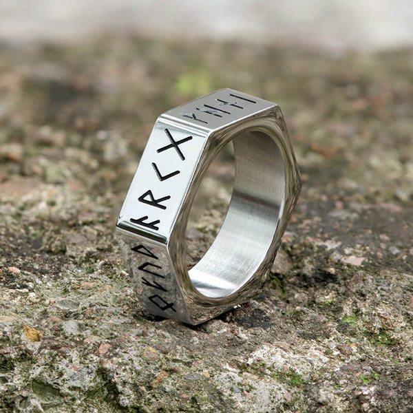 Viking Runes Hexagon Stainless Steel Geometric Ring