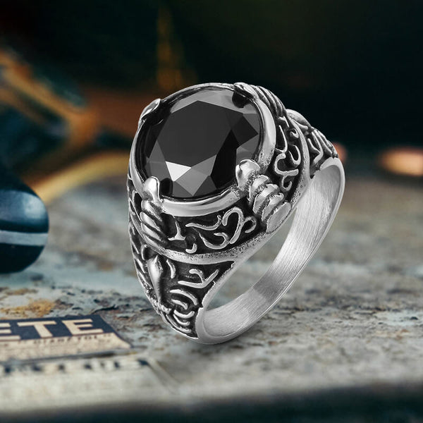 Vintage Black Gemstone Stainless Steel Ring