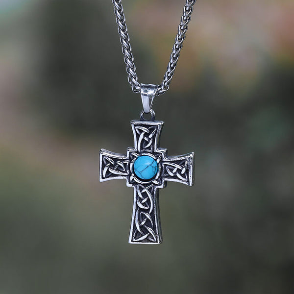 Vintage keltischer Knoten Türkis Edelstahl Kreuz Anhänger