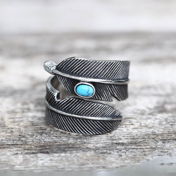 Vintage Turquoise Feather Stainless Steel Ring