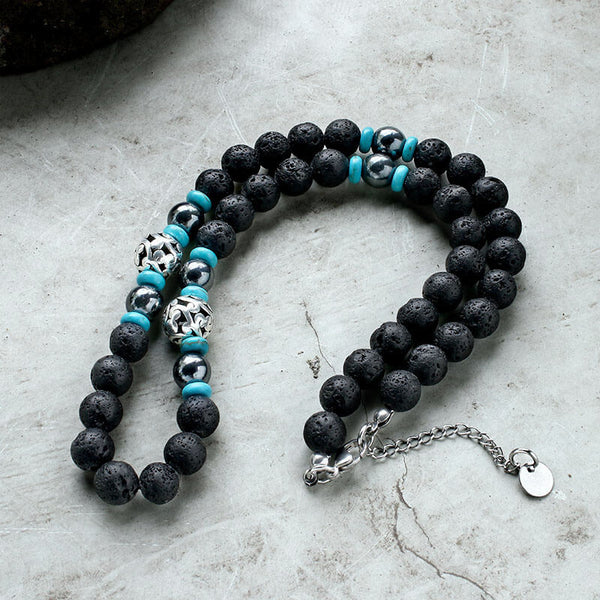 Volcanic Rock Stainless Steel Bead Necklace