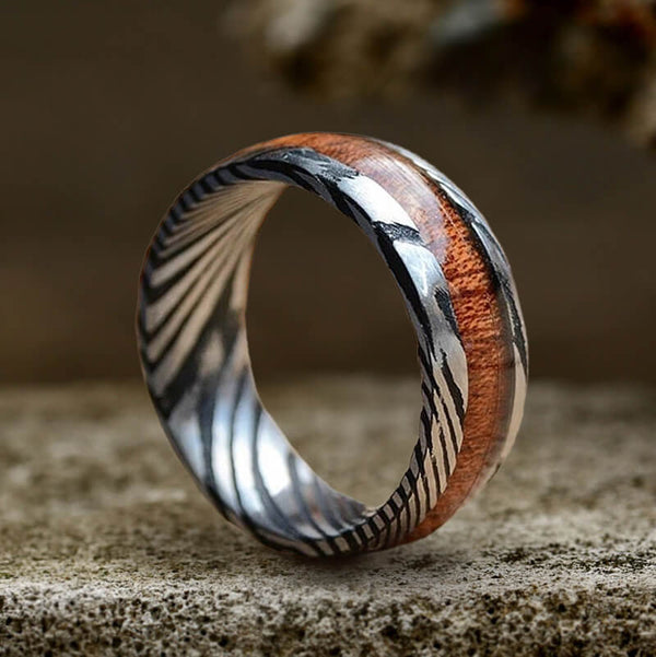 Wood Damascus Steel Minimalist Ring