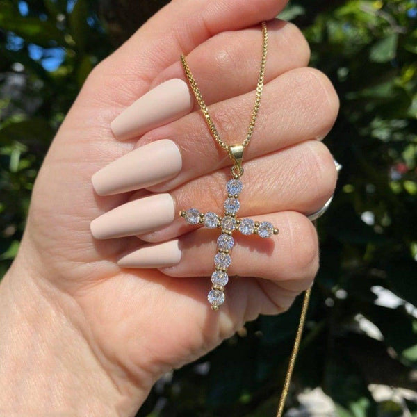 Gold cross necklace cubic zirconia diamonds, Religious Necklace